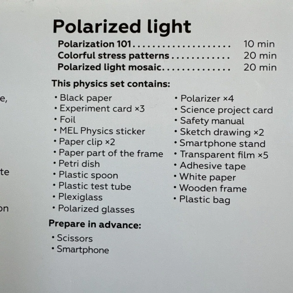 MEL Physics Polarized Light 3-Experiment Kit STEM MEL Science Ages 8+ Homeschool